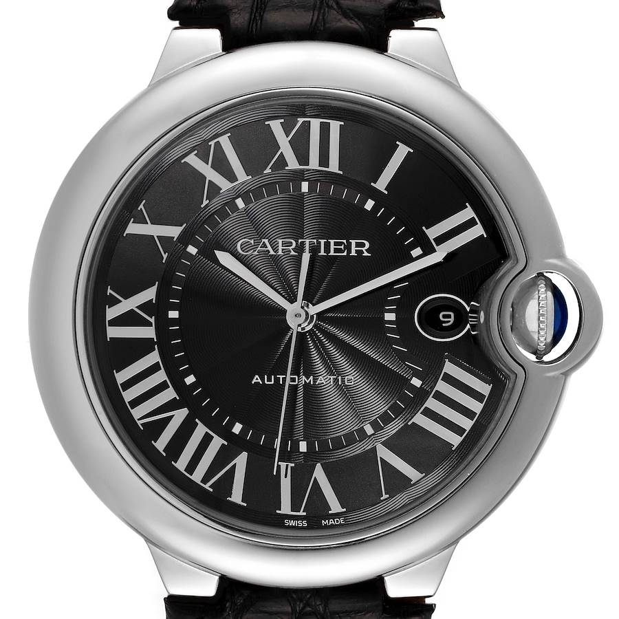 The Cartier Ballon Bleu watch is shown from the front, highlighting the face, Roman numerals, blue cabochon crown, and date window.